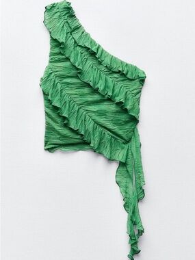 Zara Bright Green Ruffled One-Shoulder Top
